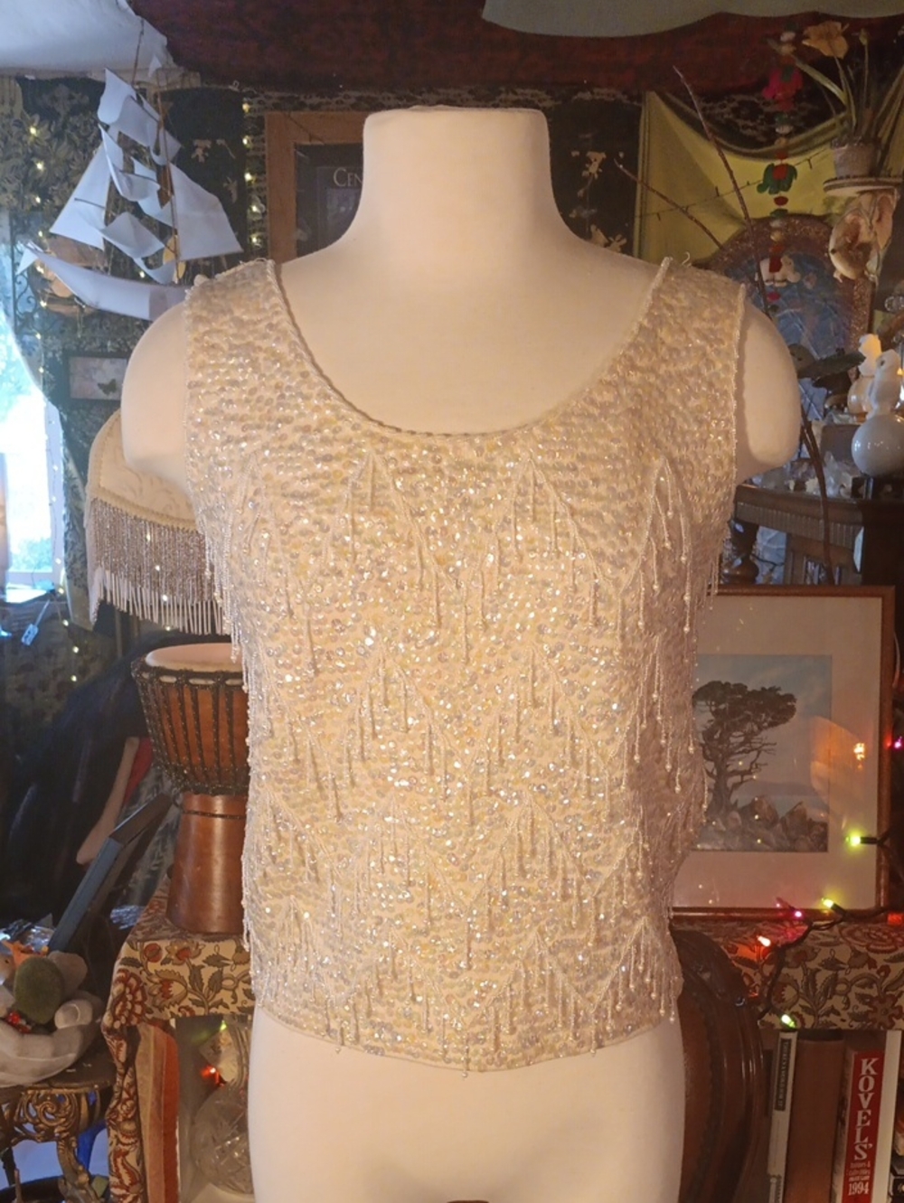 Vintage 60's Bohemian Beaded Ivory Sleeveless Evening Top